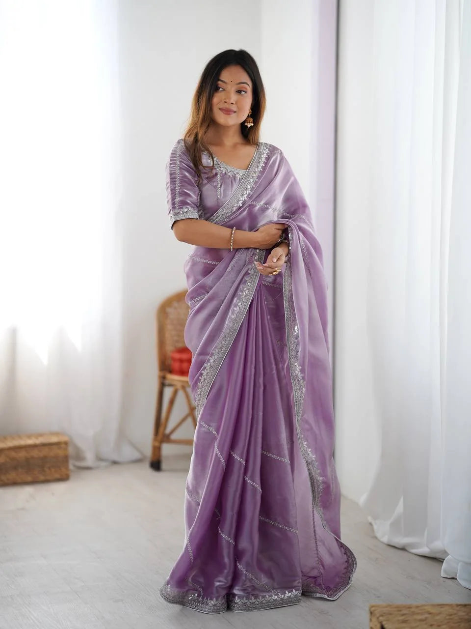 Lavender silk saree thread sequin work — side profile with silver piping border