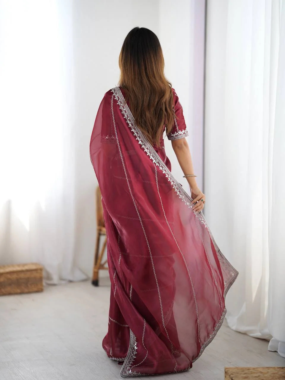 Heavy maroon silk saree with silver thread and sequin embroidery — Chicora Wear