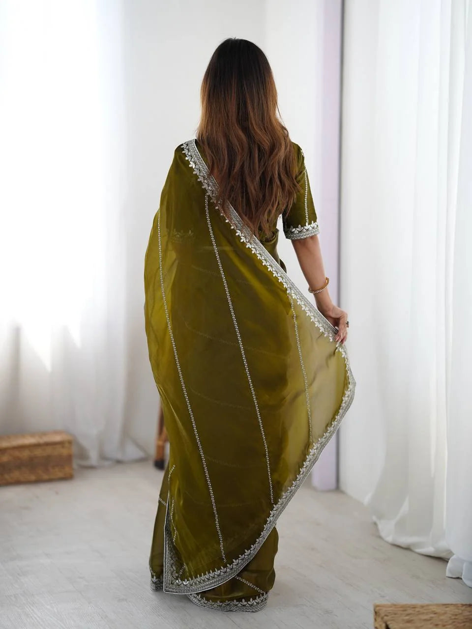 Olive green silk saree blouse — silver thread and sequin embroidery Chicora Wear