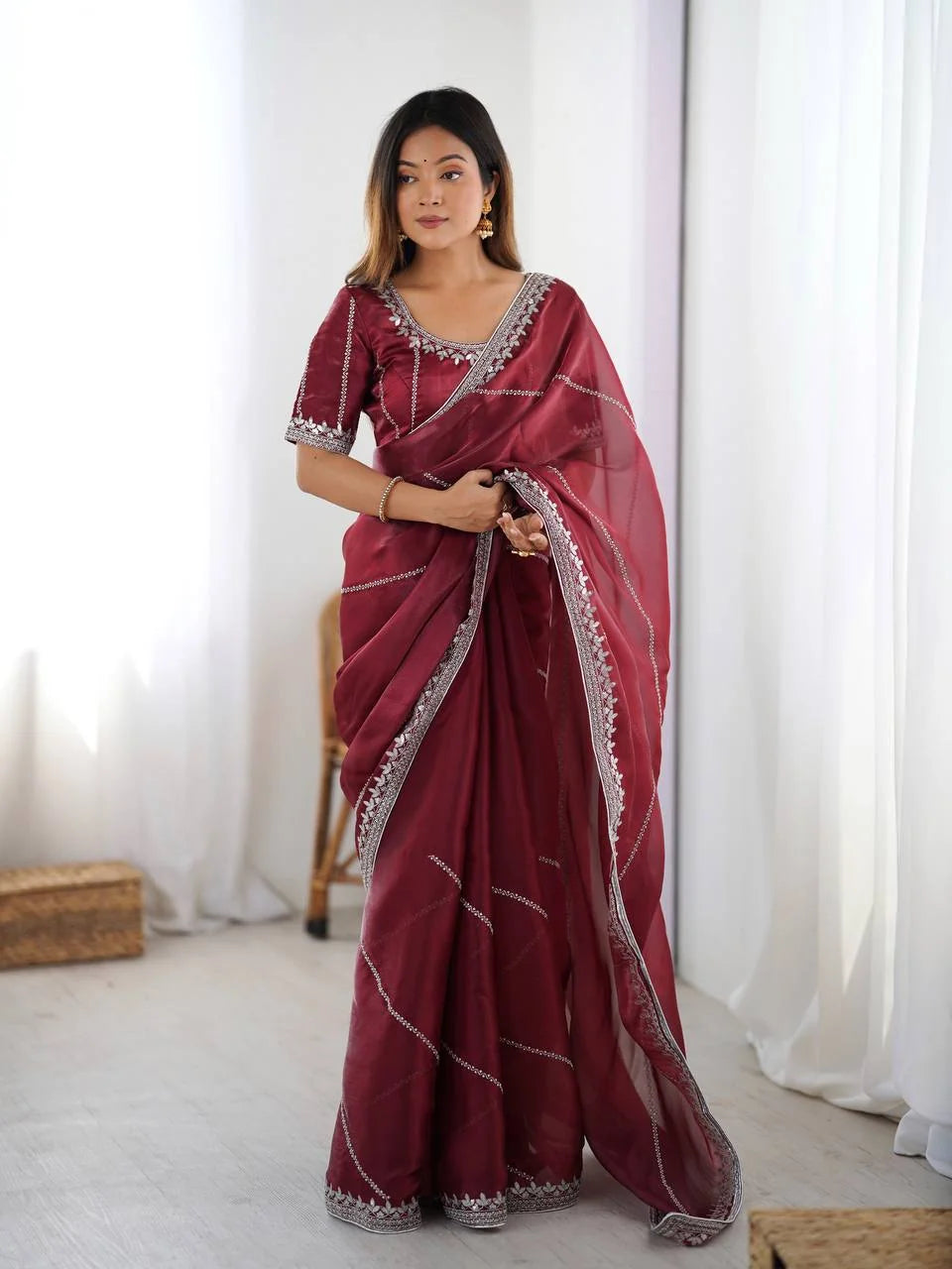 Olive green JMC silk saree — diagonal silver sequin stripes and thread border detail
