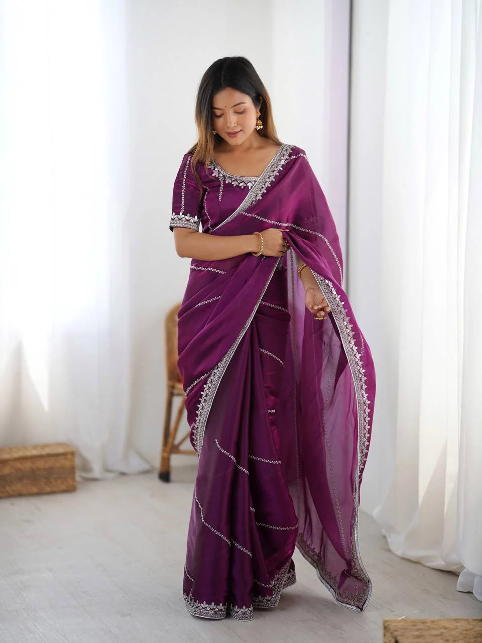 Purple silk saree with silver thread and sequin embroidery — full model front view