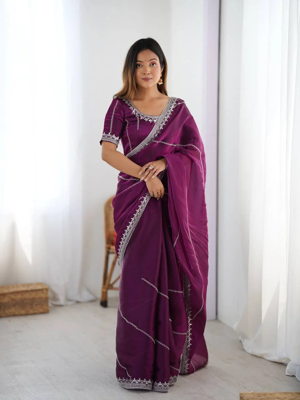 Chicora Wear purple JMC silk saree with sequin embroidery — full front pose