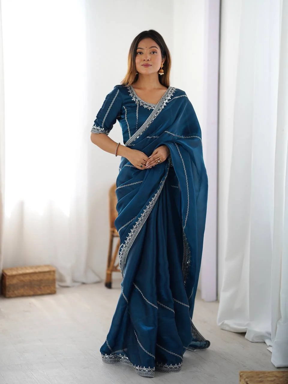 Heavy JMC silk saree teal blue — full front view with silver thread embroidery