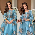 Sky blue JMC silk floral thread embroidery kurta pant set with dupatta – model view details