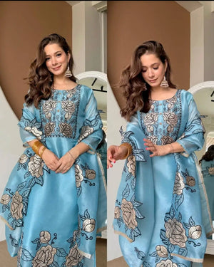 Sky Blue Floral Embroidery Kurta Pant Set with Dupatta