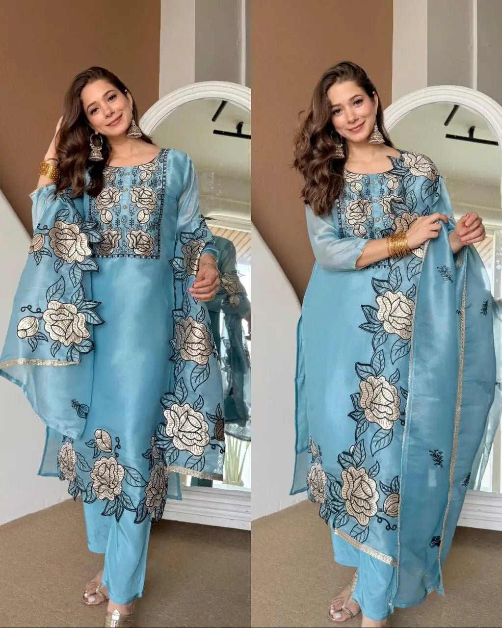 Sky blue JMC silk floral thread embroidery kurta pant set with dupatta – model view