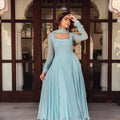 Sky blue georgette anarkali suit with mirror work and pearl border dupatta – front view