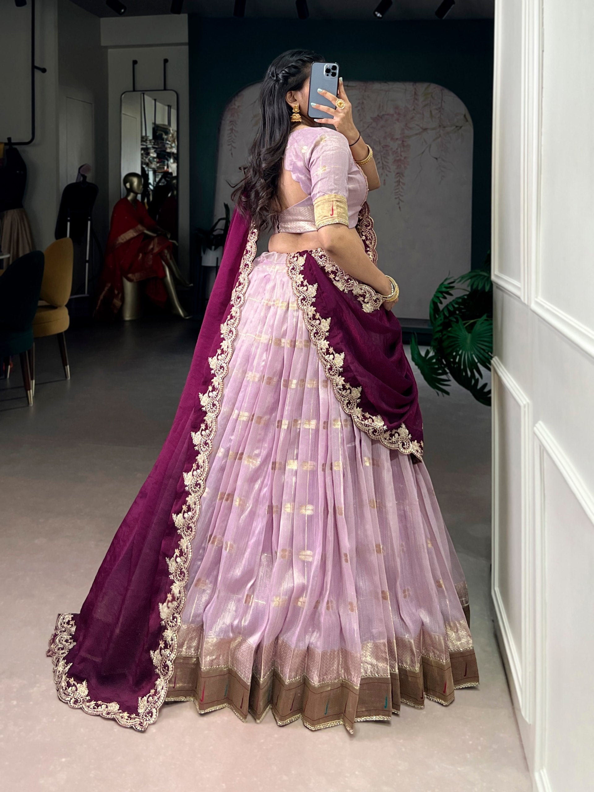 light pink lehenga choli set slub kota paithani zari border front view
