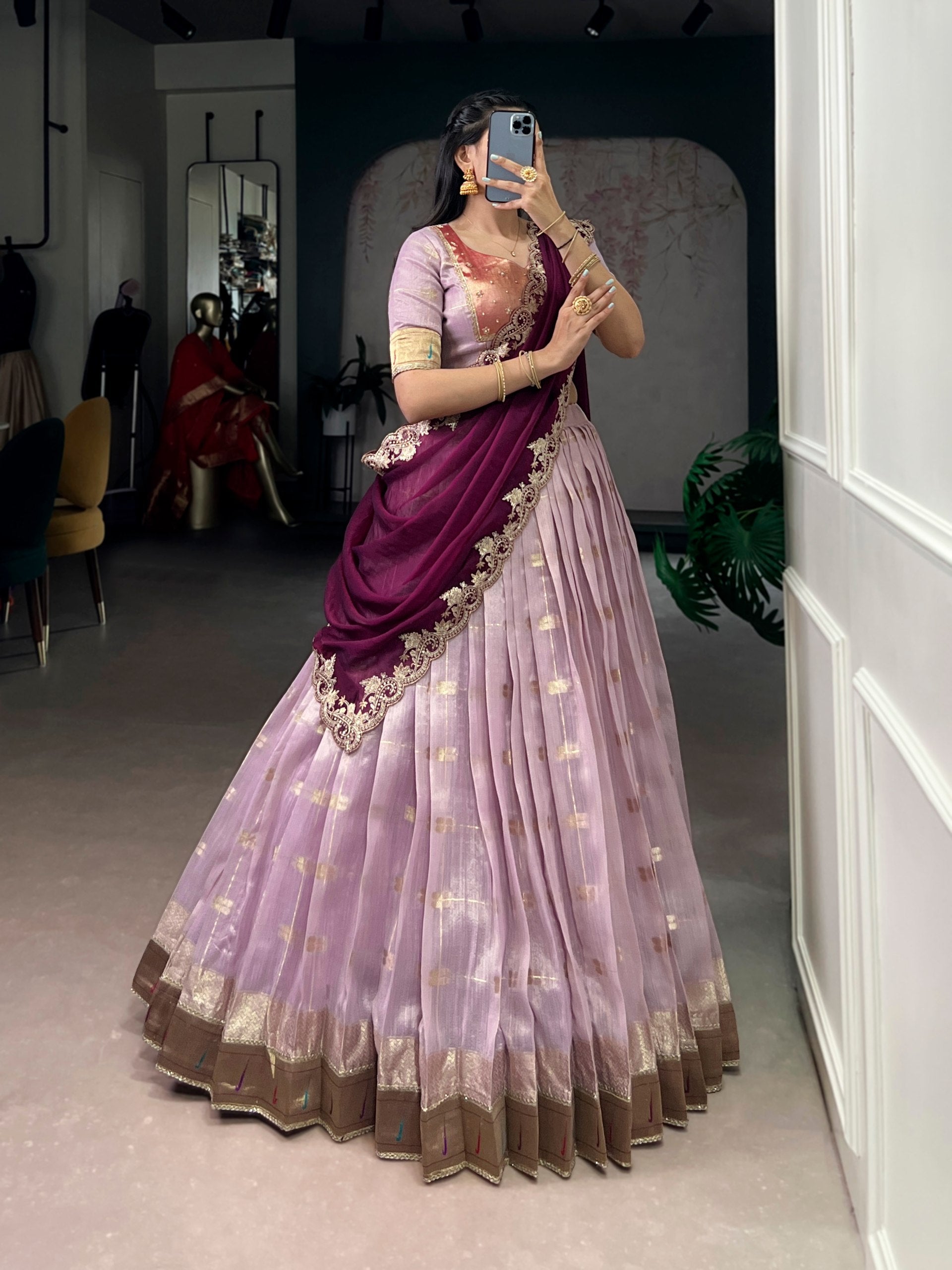 light pink slub kota lehenga choli set plum dupatta paithani border