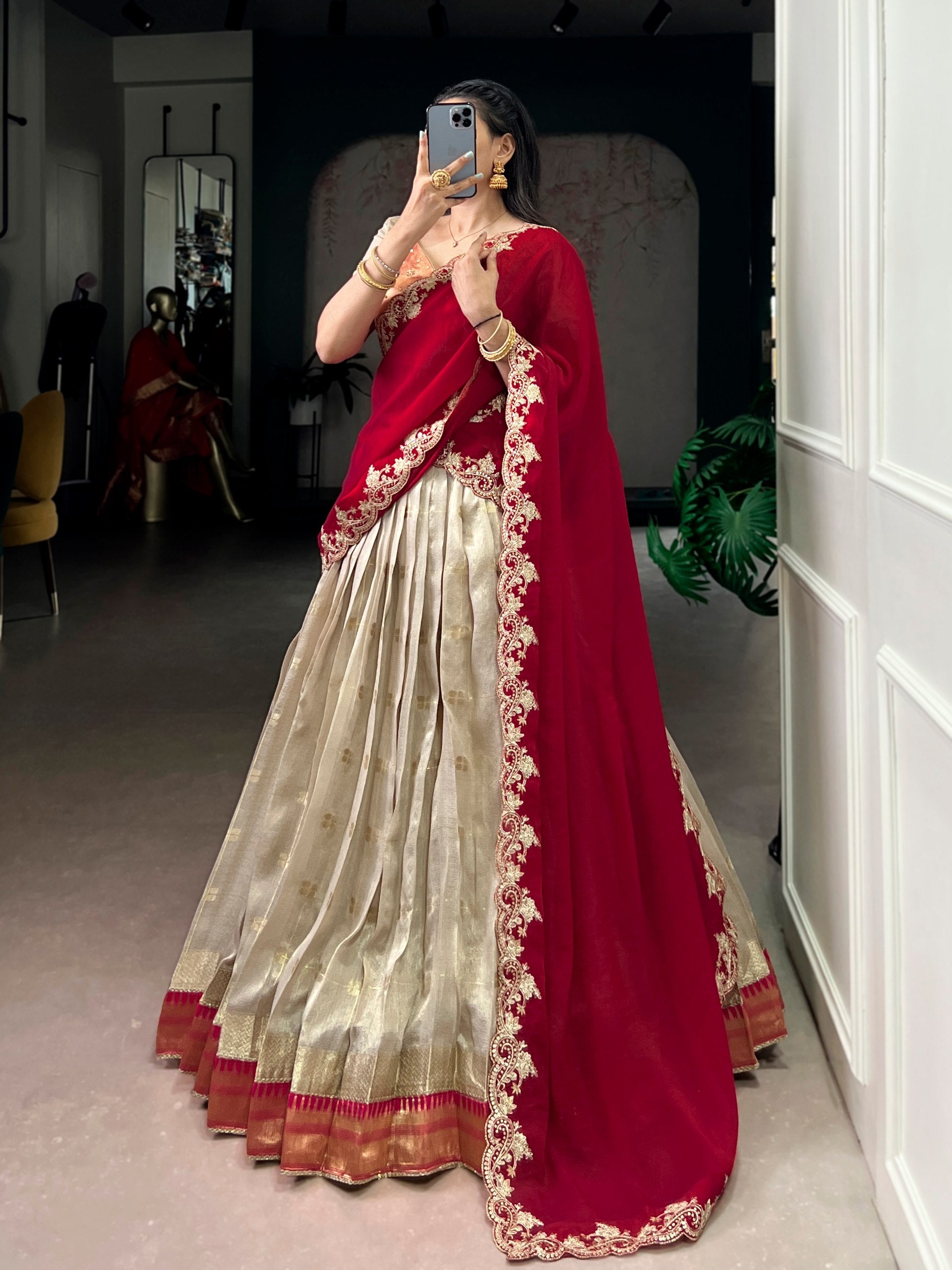 off white slub kota lehenga choli set paithani zari border full view