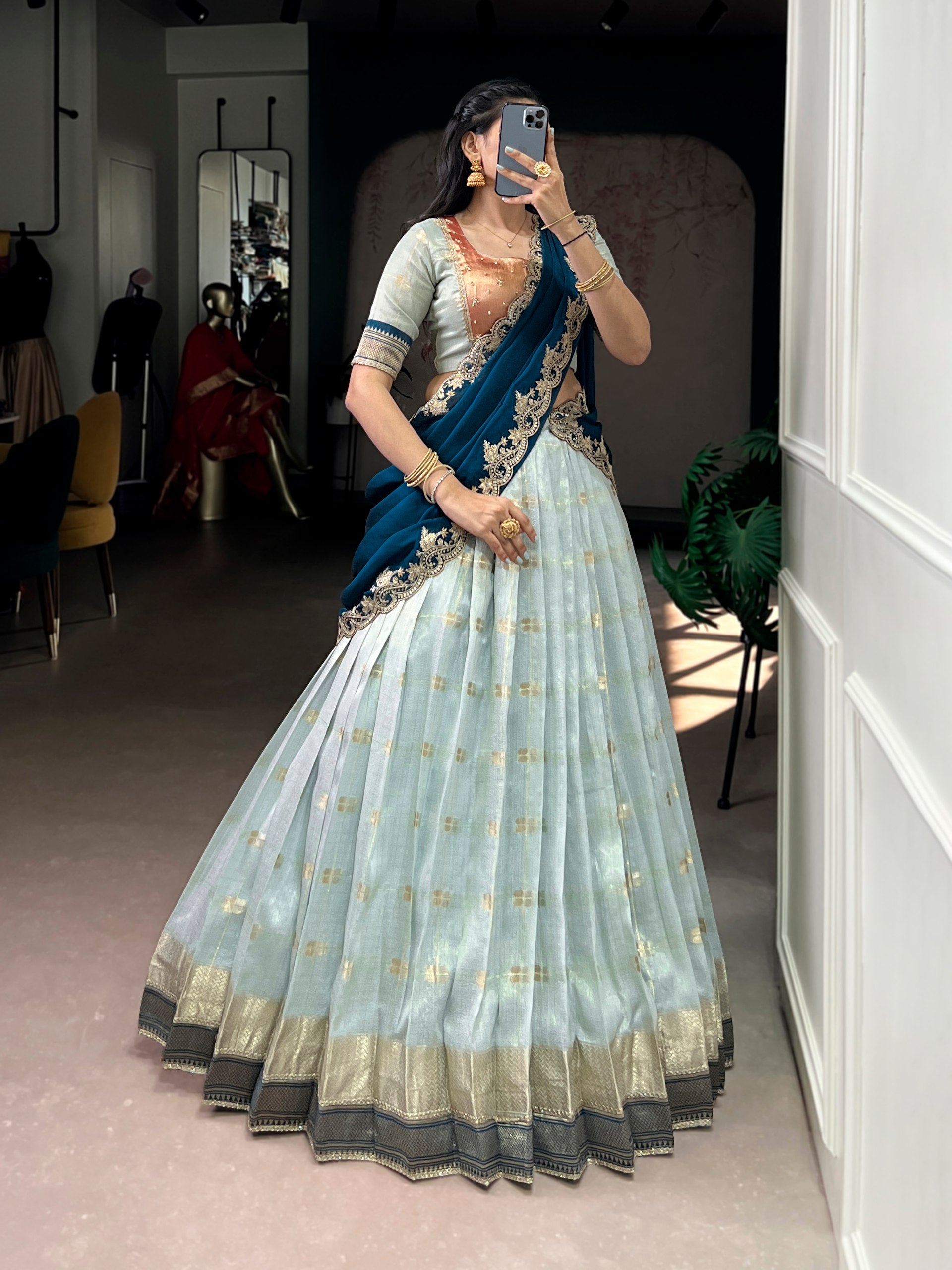 sky blue slub kota lehenga choli set paithani border front view