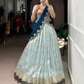 slub kota lehenga choli set sky blue with teal dupatta full view