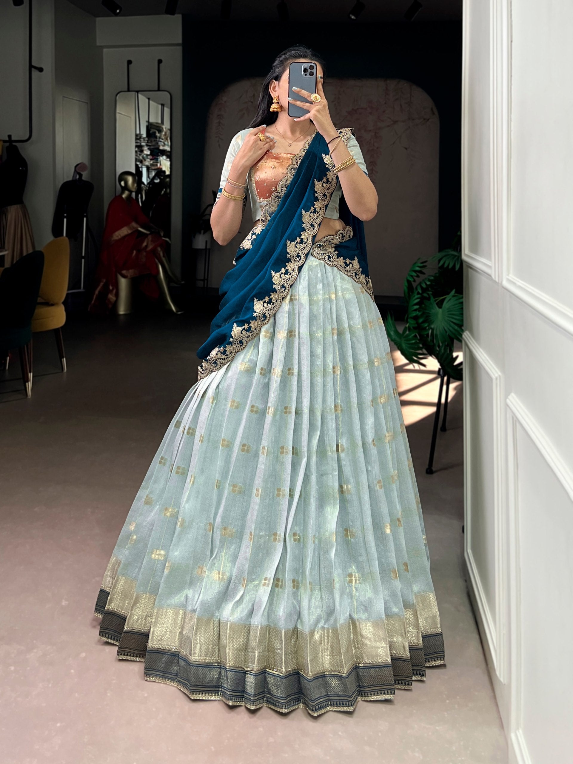 slub kota lehenga choli set sky blue with teal dupatta full view