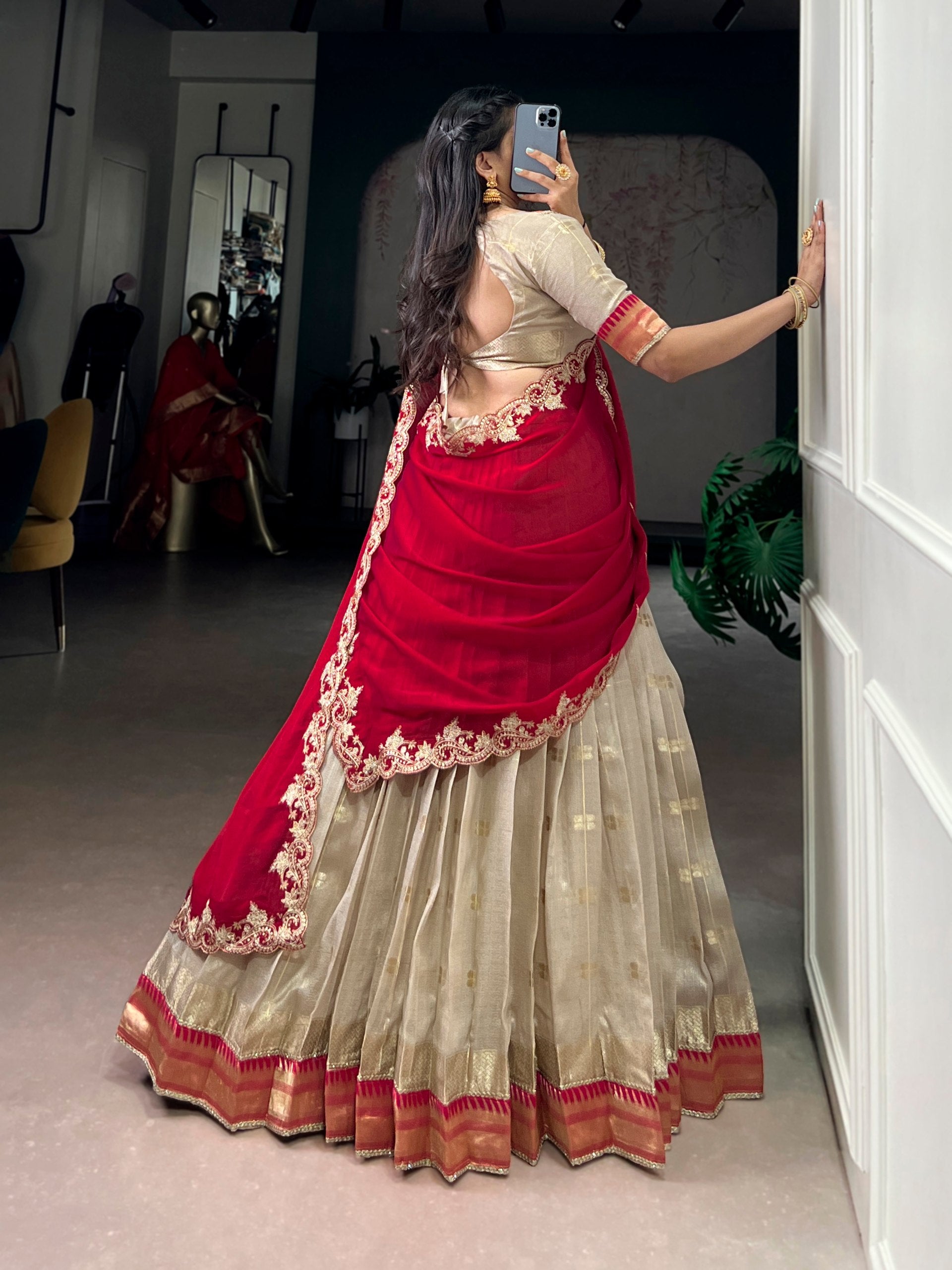 yellow slub kota lehenga choli paithani jacquard border back view