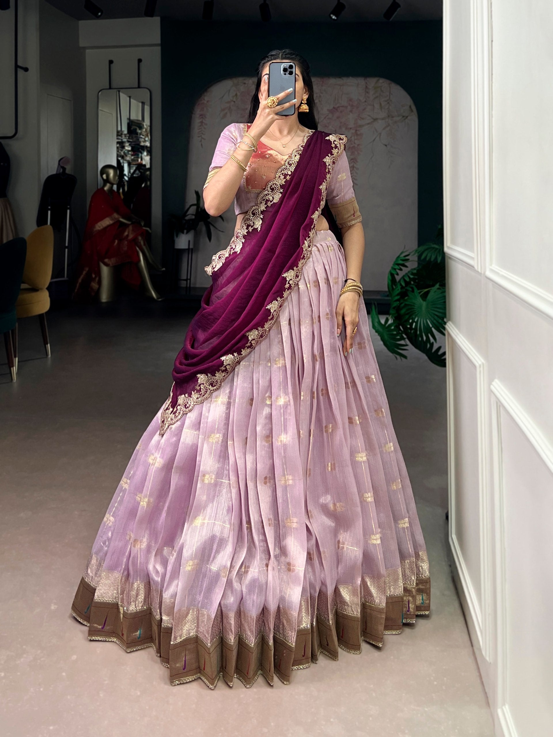 slub kota lehenga choli set yellow blouse red dupatta close up