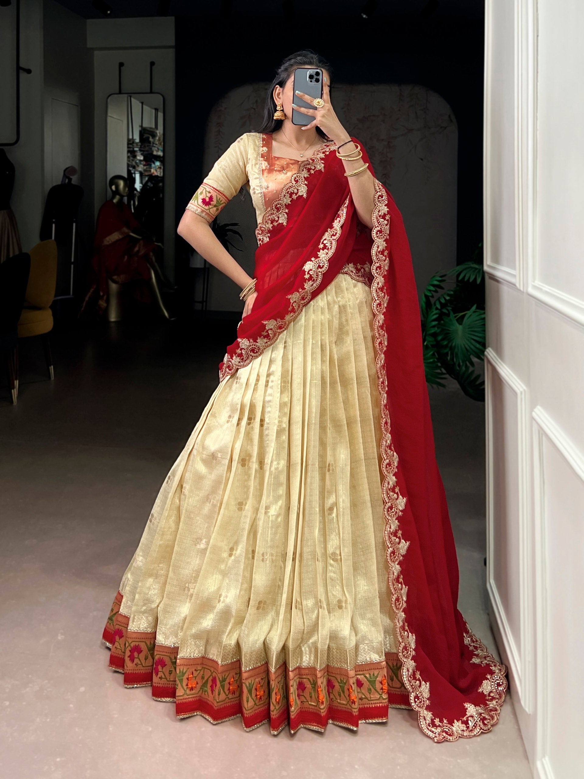 slub kota lehenga choli set yellow gold paithani border front view