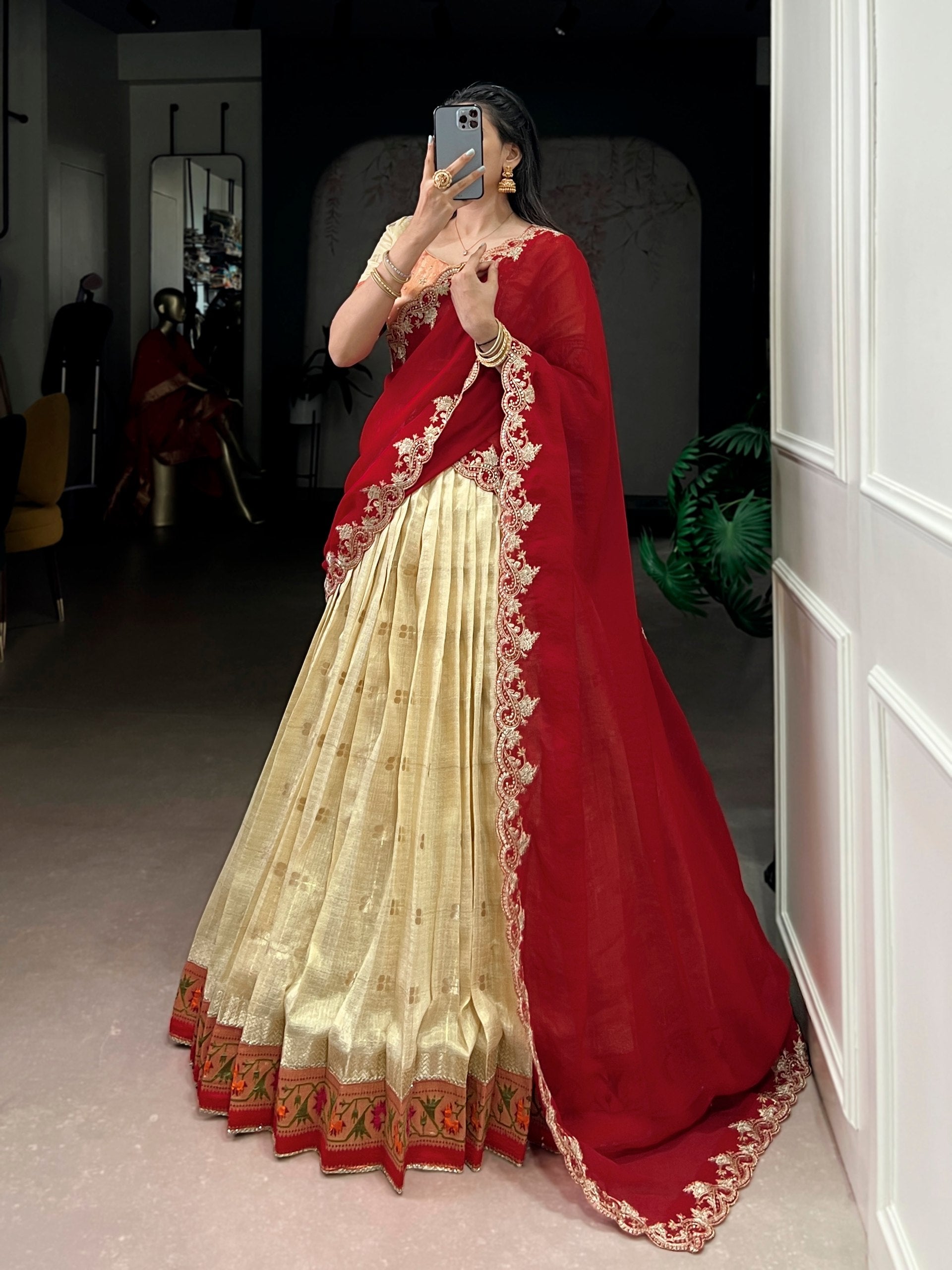 yellow slub kota lehenga choli set red dupatta paithani border full view