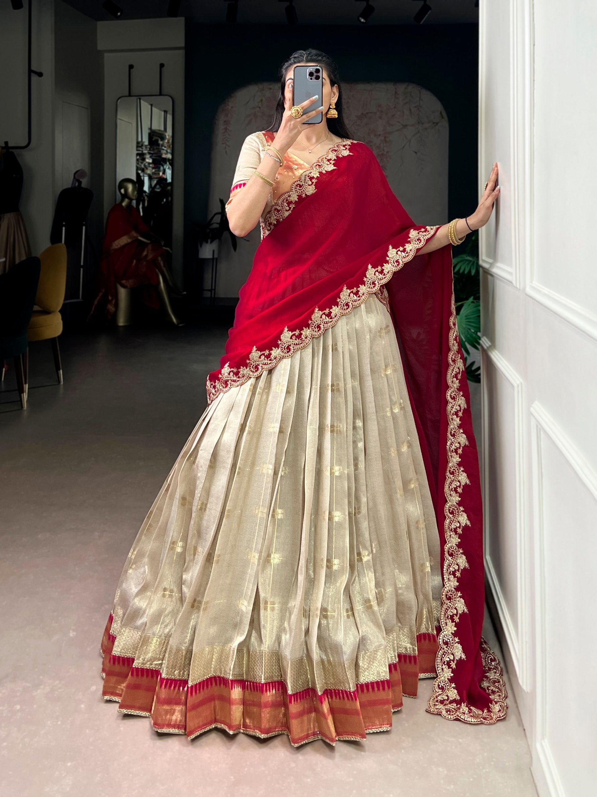 yellow lehenga choli set slub kota zari weaving red dupatta side view