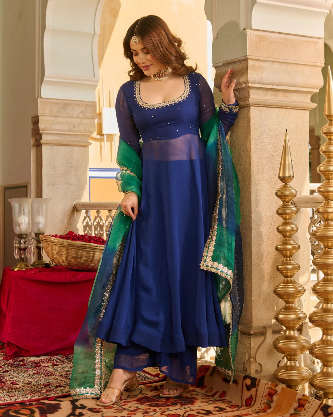 Sonata blue anarkali suit set with green ombre organza dupatta – festive look