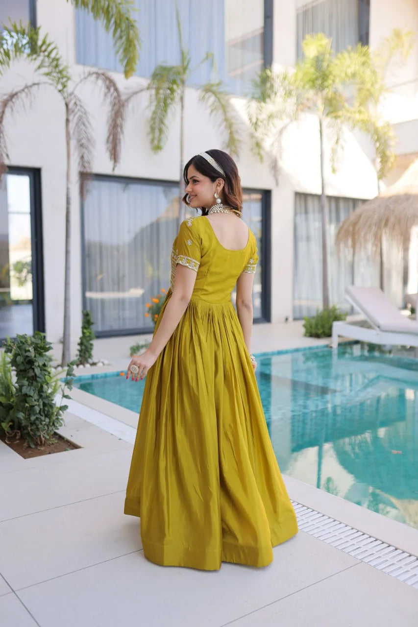 mehendi green square neck gown back view with gathers