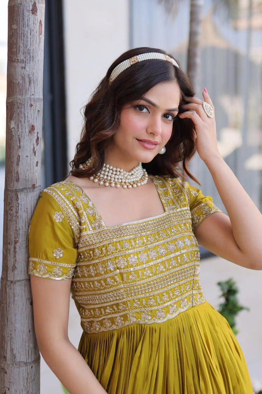 mehendi green square neck gown embroidered bodice closeup