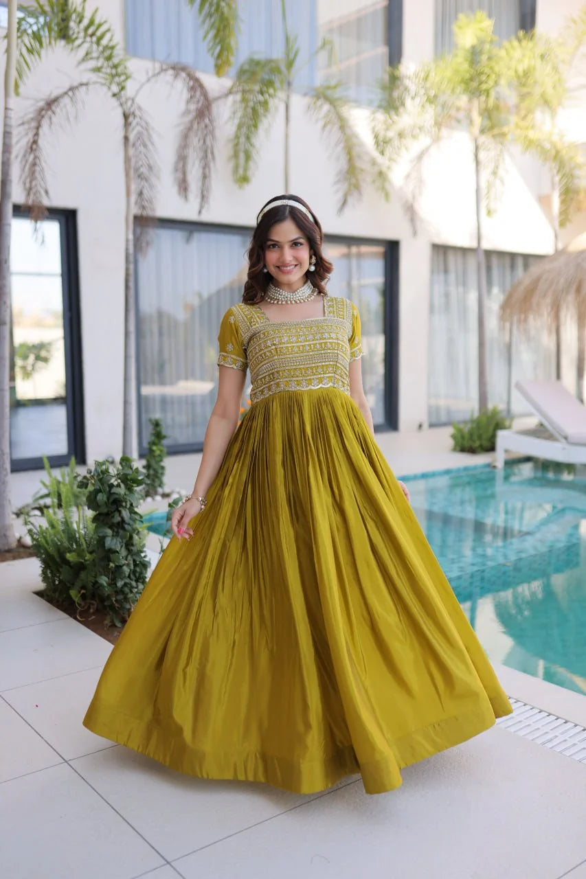 mehendi green square neck gown full twirl view