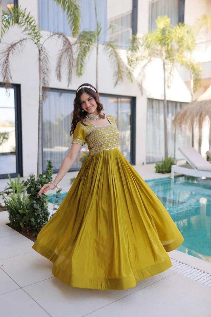 mehendi green square neck gown with sleeves twirl flair