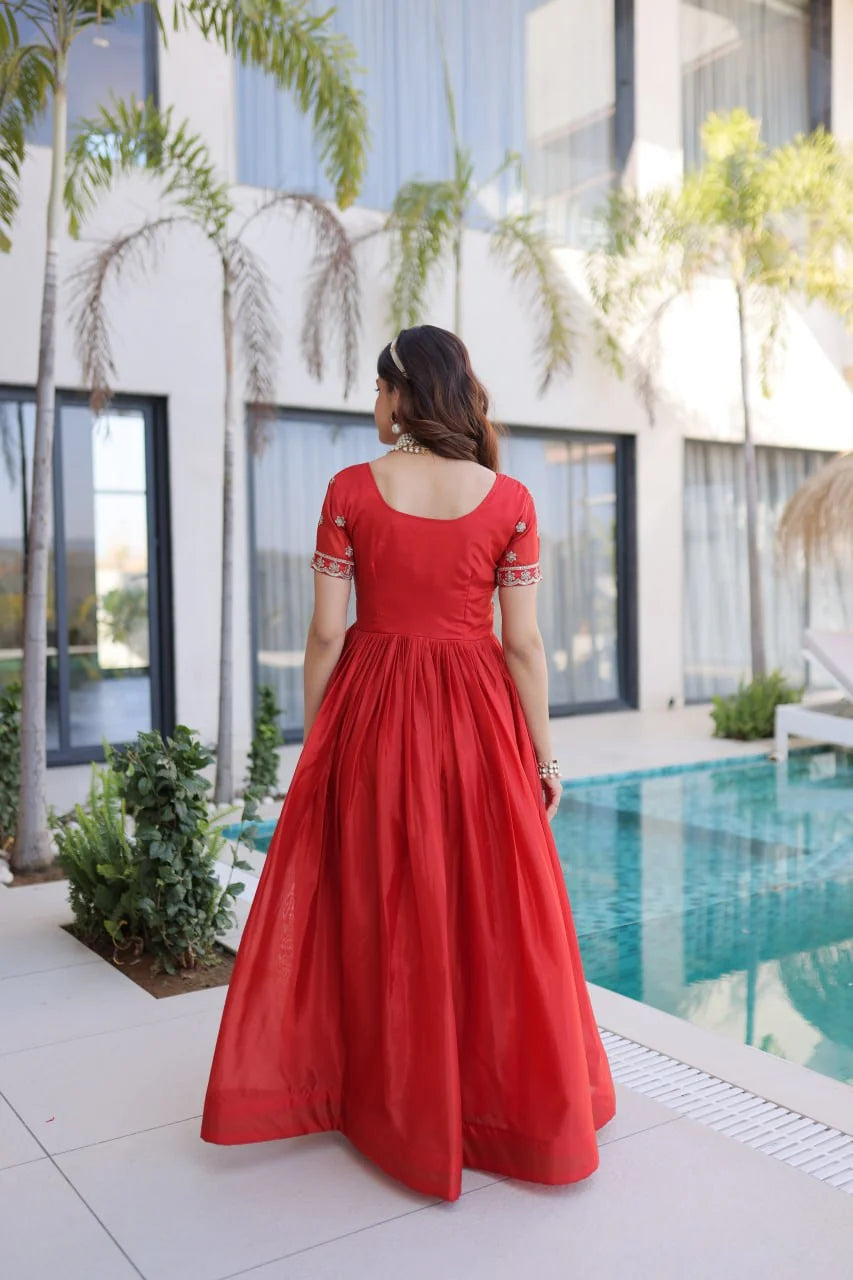 red square neck gown back view with scoop back