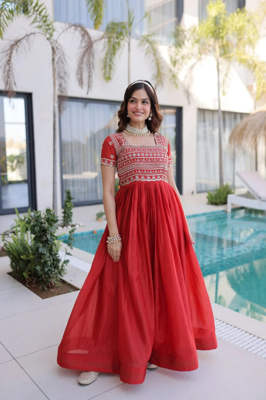 red square neck gown front standing full view