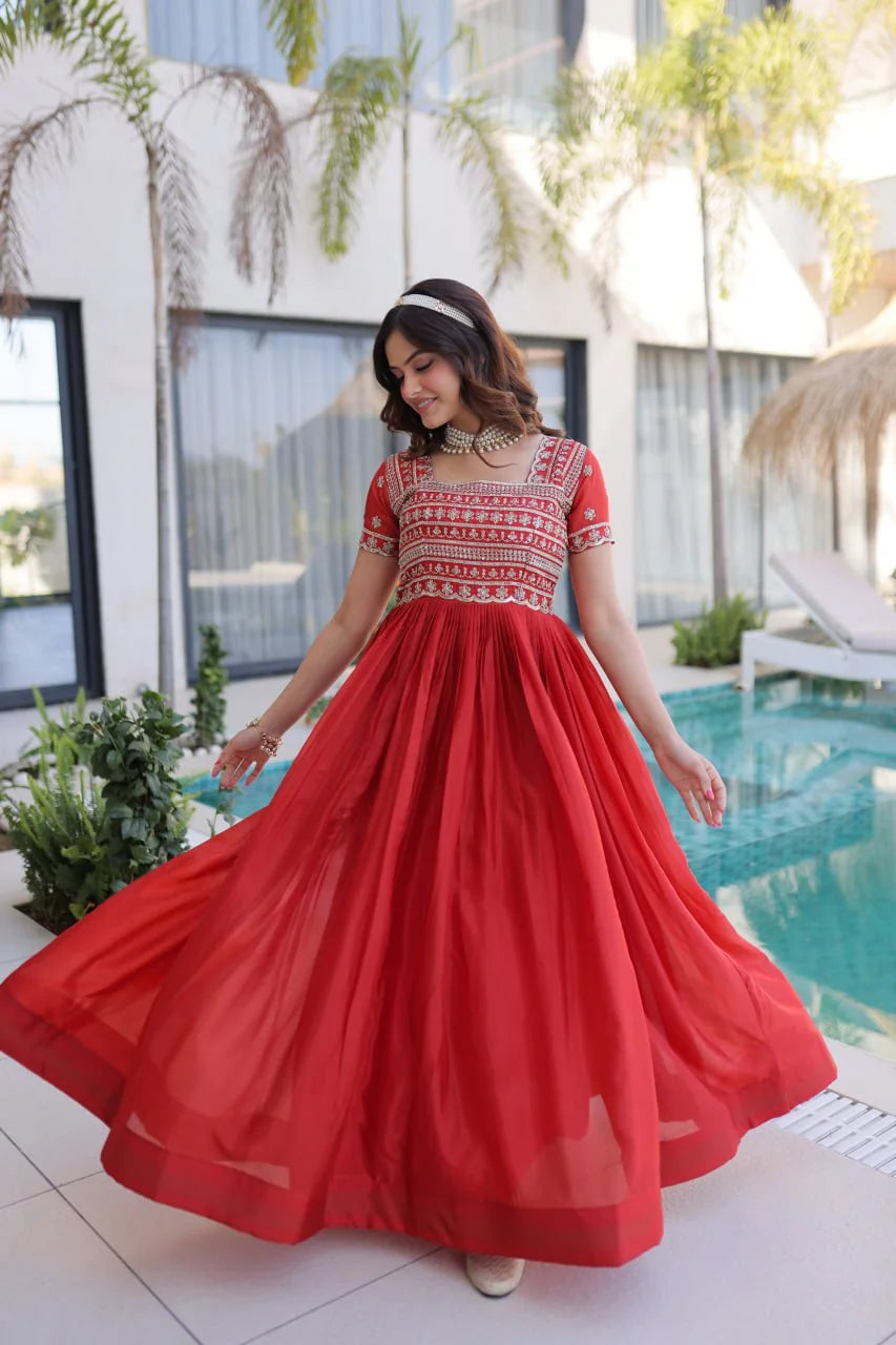 red square neck gown full twirl with flowing skirt