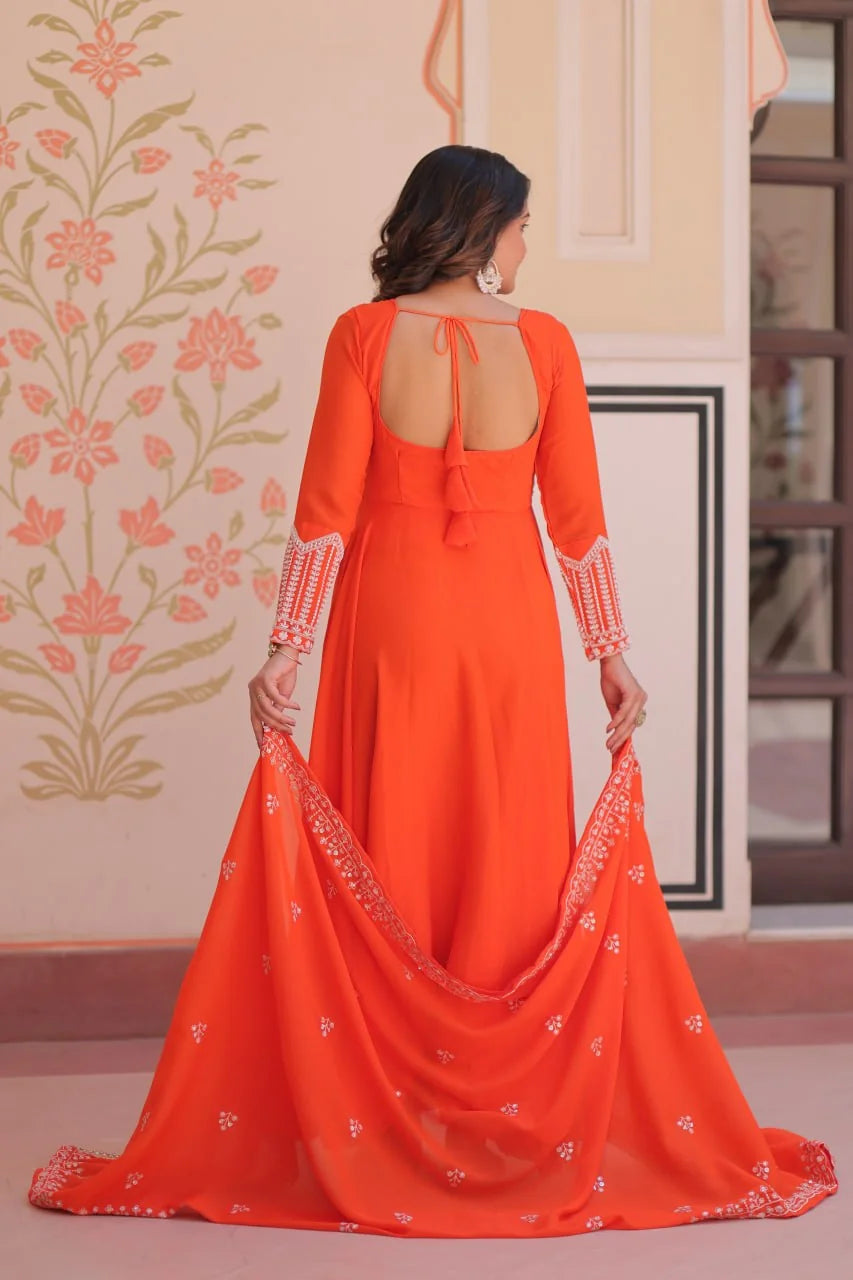 Fenta orange star georgette anarkali gown back view open keyhole tassel tie