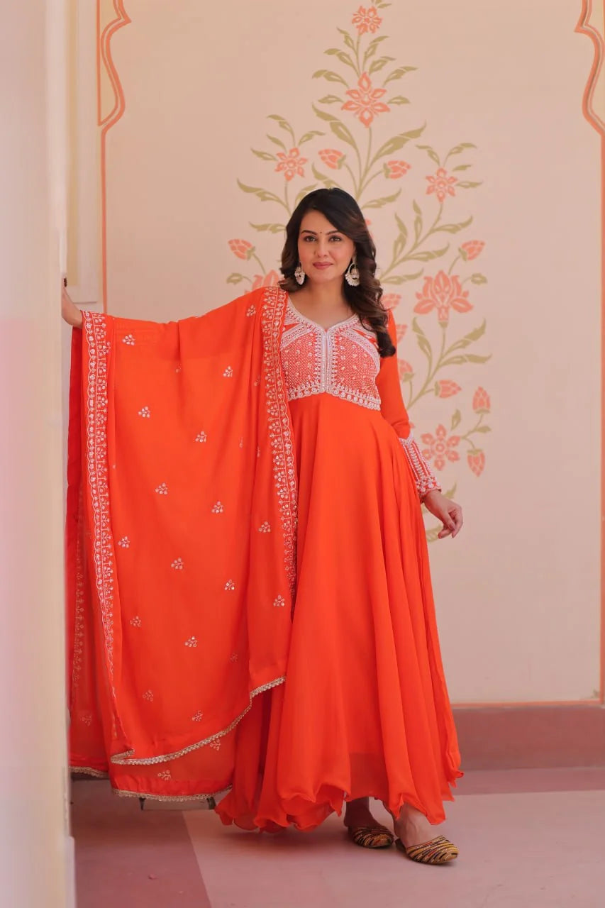 Star georgette anarkali gown with dupatta fenta orange full view standing