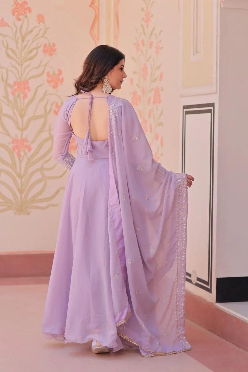 Lovender star georgette anarkali gown with dupatta back view open keyhole