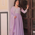 Star georgette anarkali gown with dupatta lovender front view standing