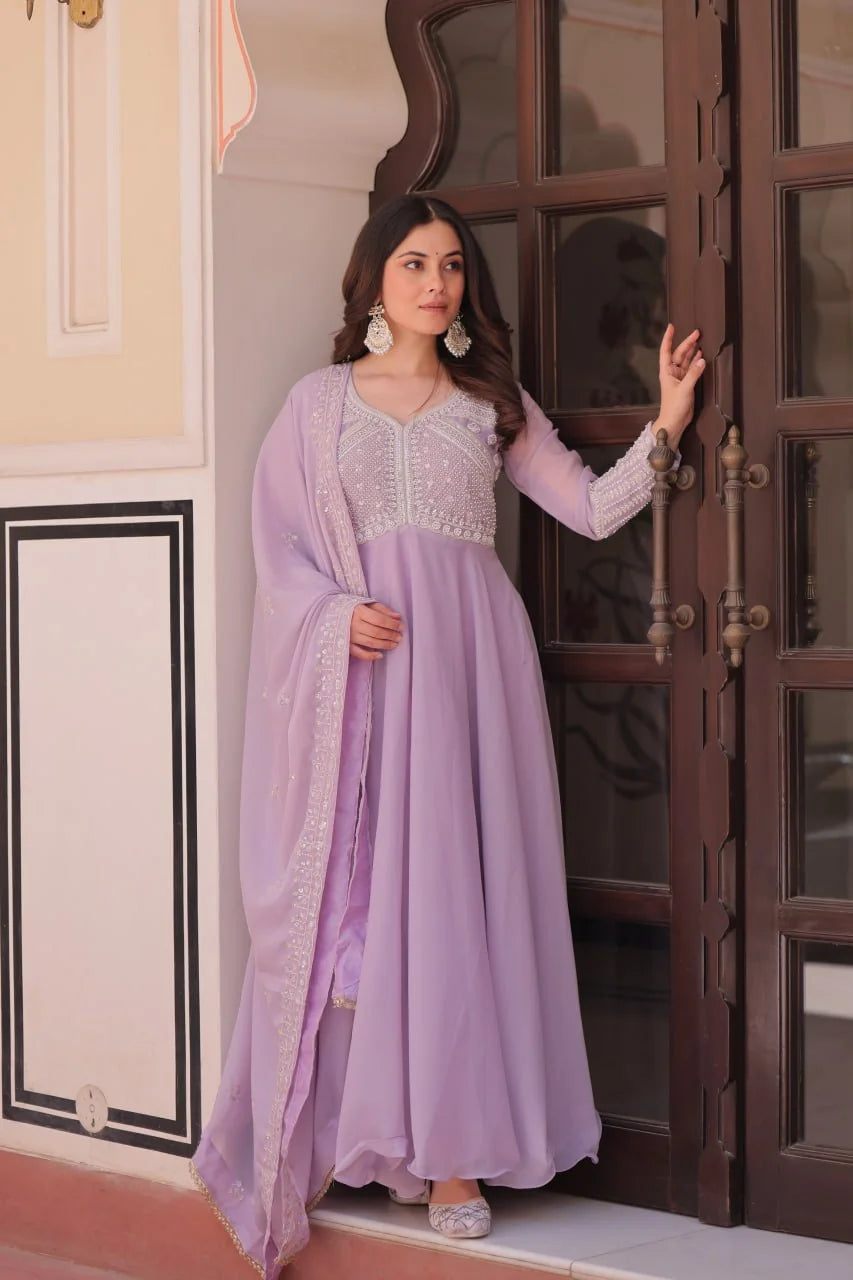 Star georgette anarkali gown with dupatta lovender front view standing