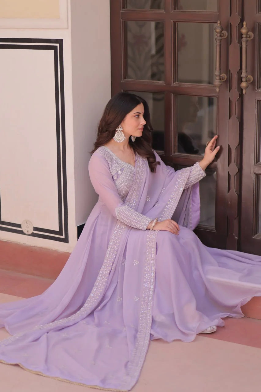 Star georgette anarkali gown lovender lavender sitting elegant pose Chicorawear