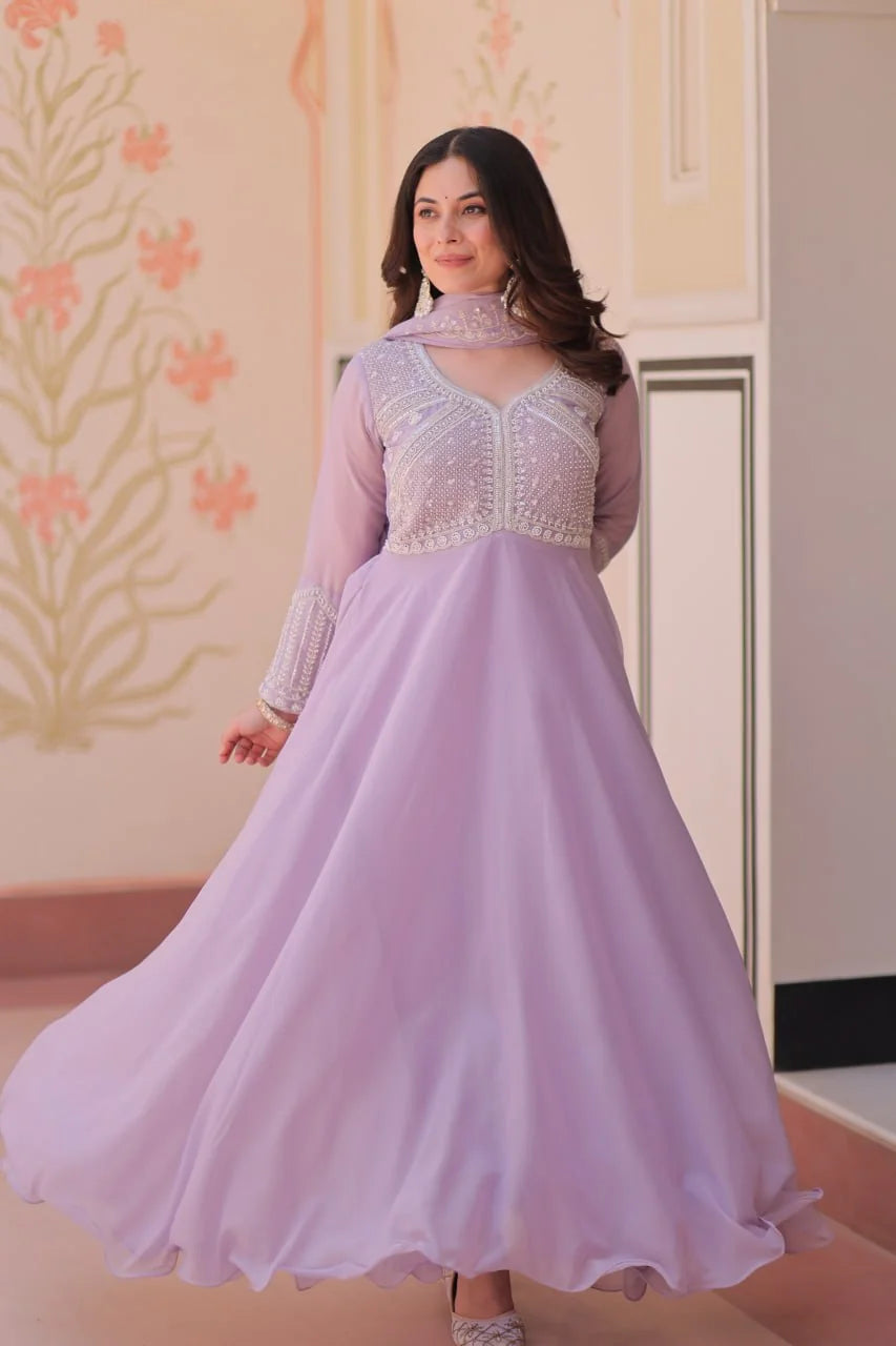 Star georgette anarkali gown lovender 5-metre umbrella flair twirl