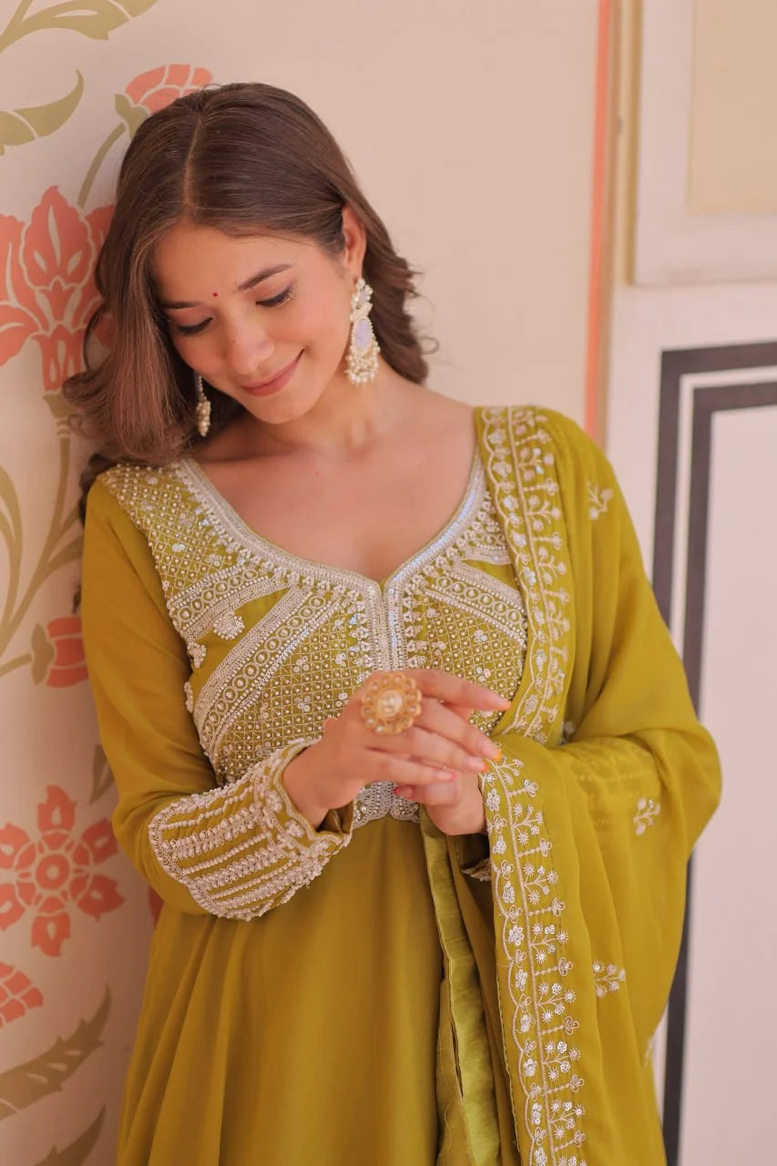 Mehendi star georgette anarkali gown sequin coding bead yoke embroidery close-up