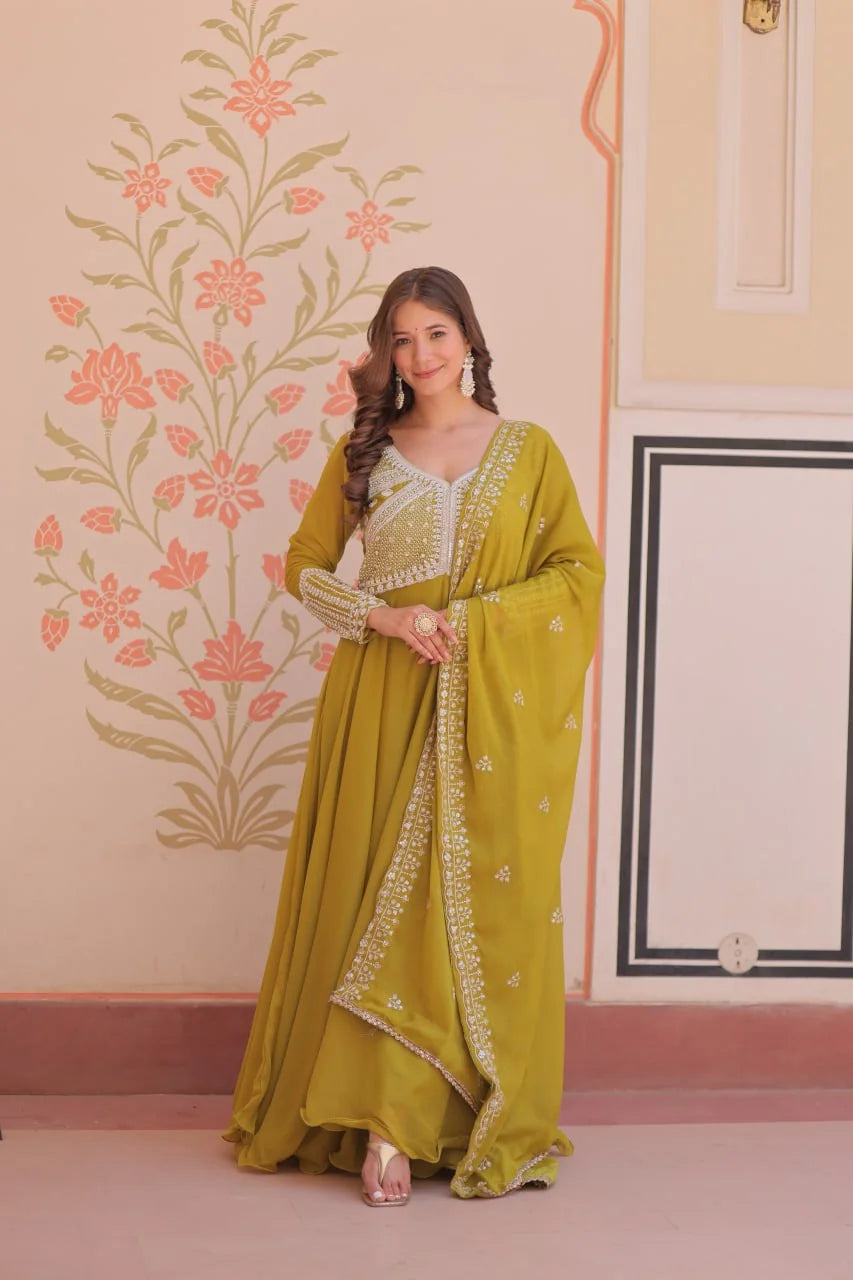 Star georgette anarkali gown with dupatta mehendi olive full length front