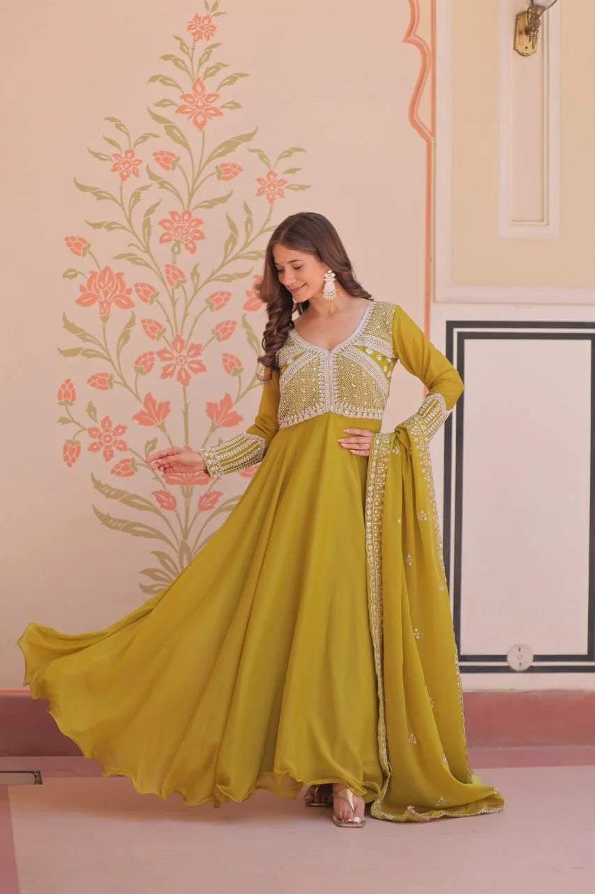 Mehendi olive star georgette anarkali gown 5M umbrella flair twirl dupatta