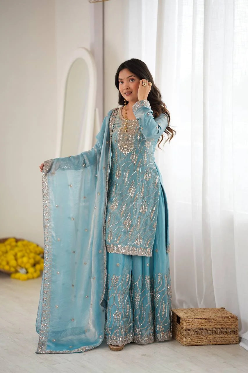 Dusty teal blue fendy silk sharara set standing portrait holding dupatta