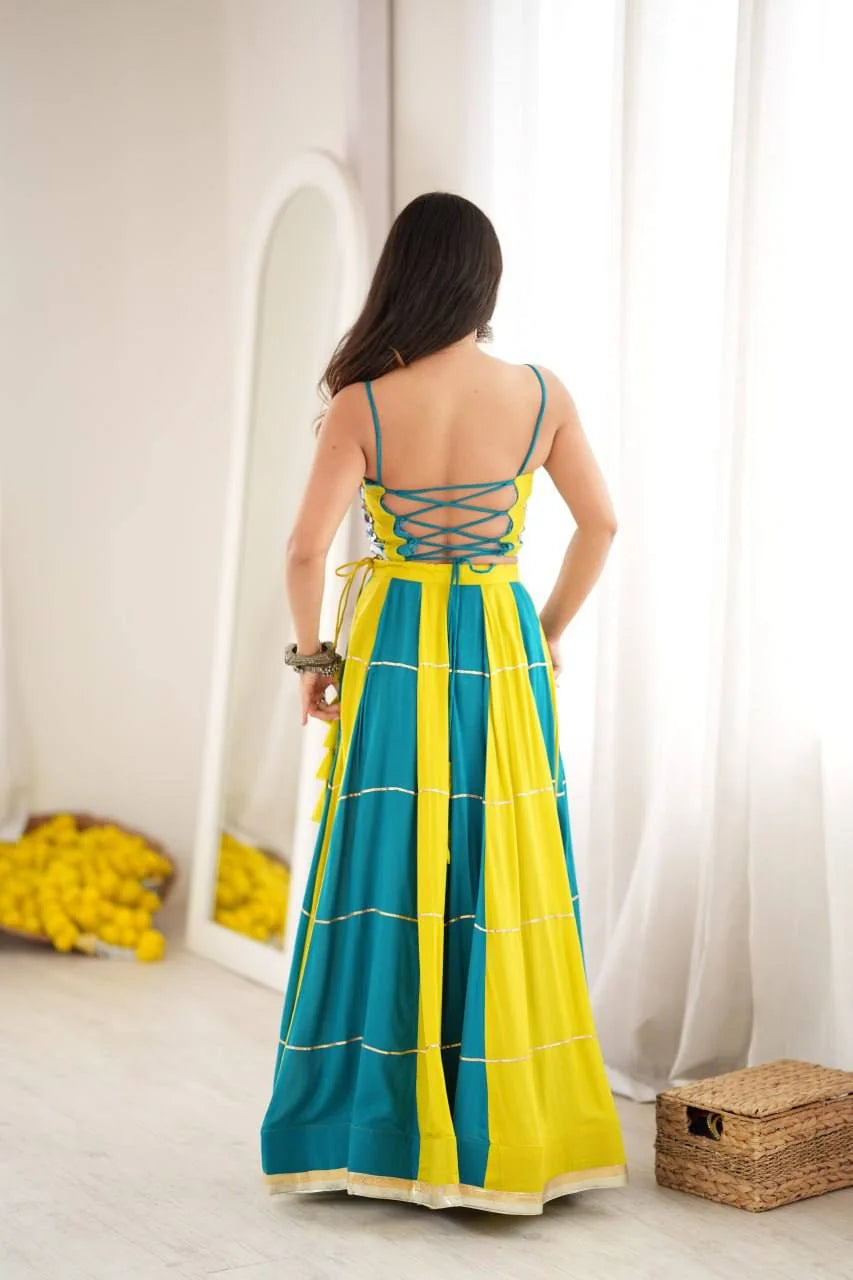 teal blue navratri chaniya choli lace-up back view