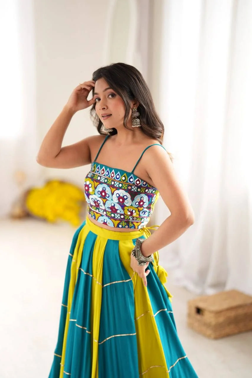 teal blue navratri chaniya choli gota patti mirror choli front
