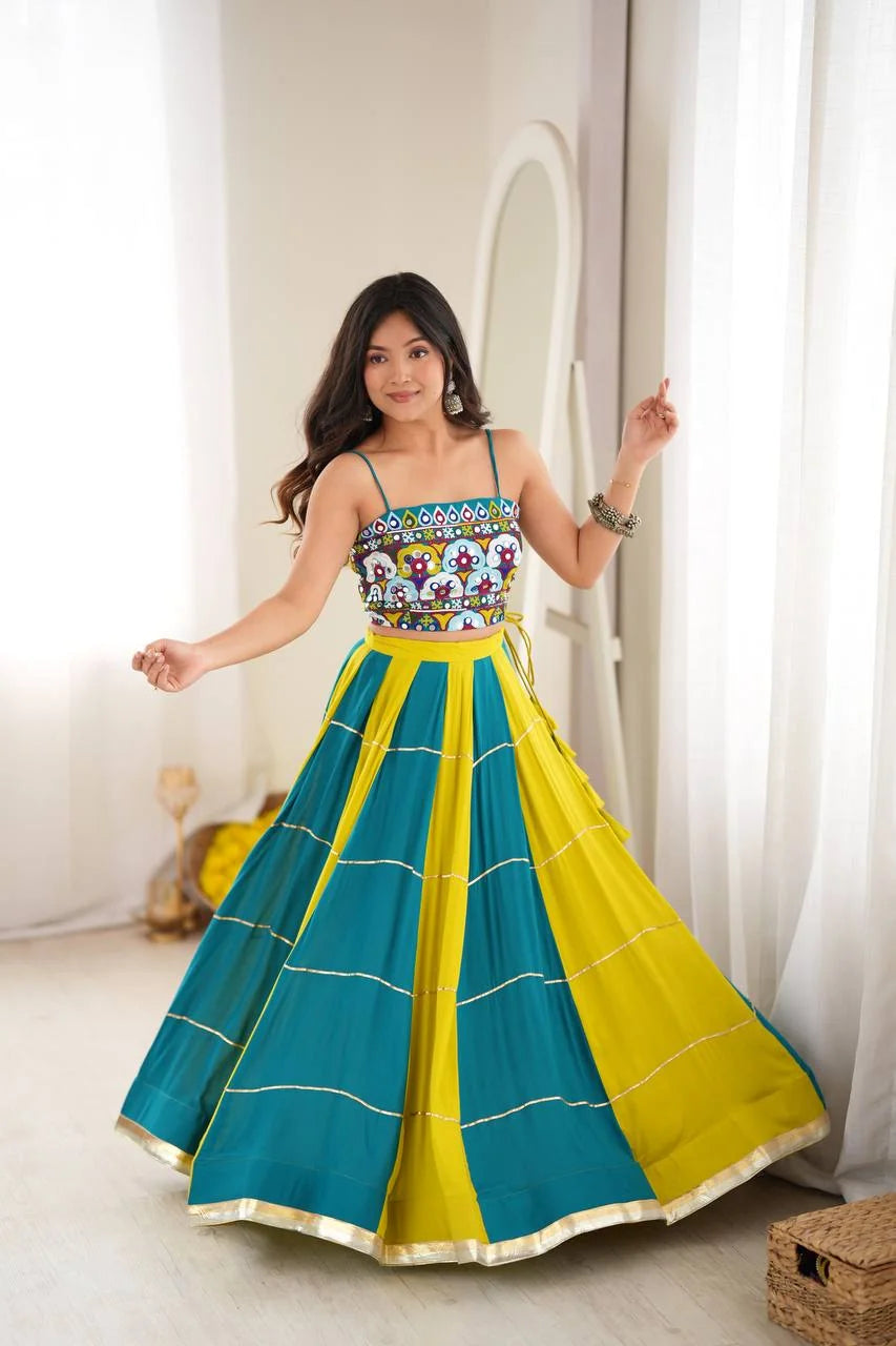 teal blue navratri chaniya choli 5 metre flair twirl