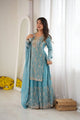 Teal blue sharara suit for women with silver embroidery yoke – full length front