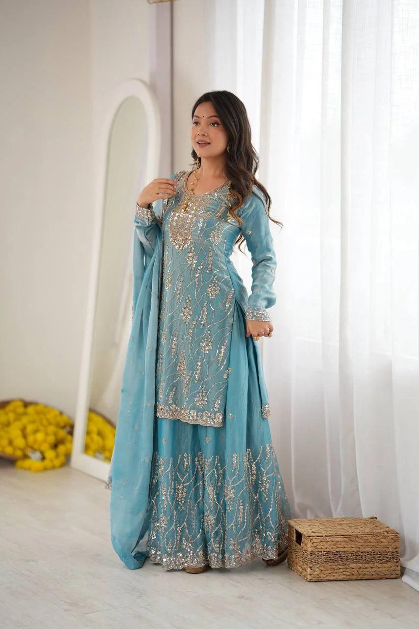 Teal blue sharara suit for women with silver embroidery yoke – full length front