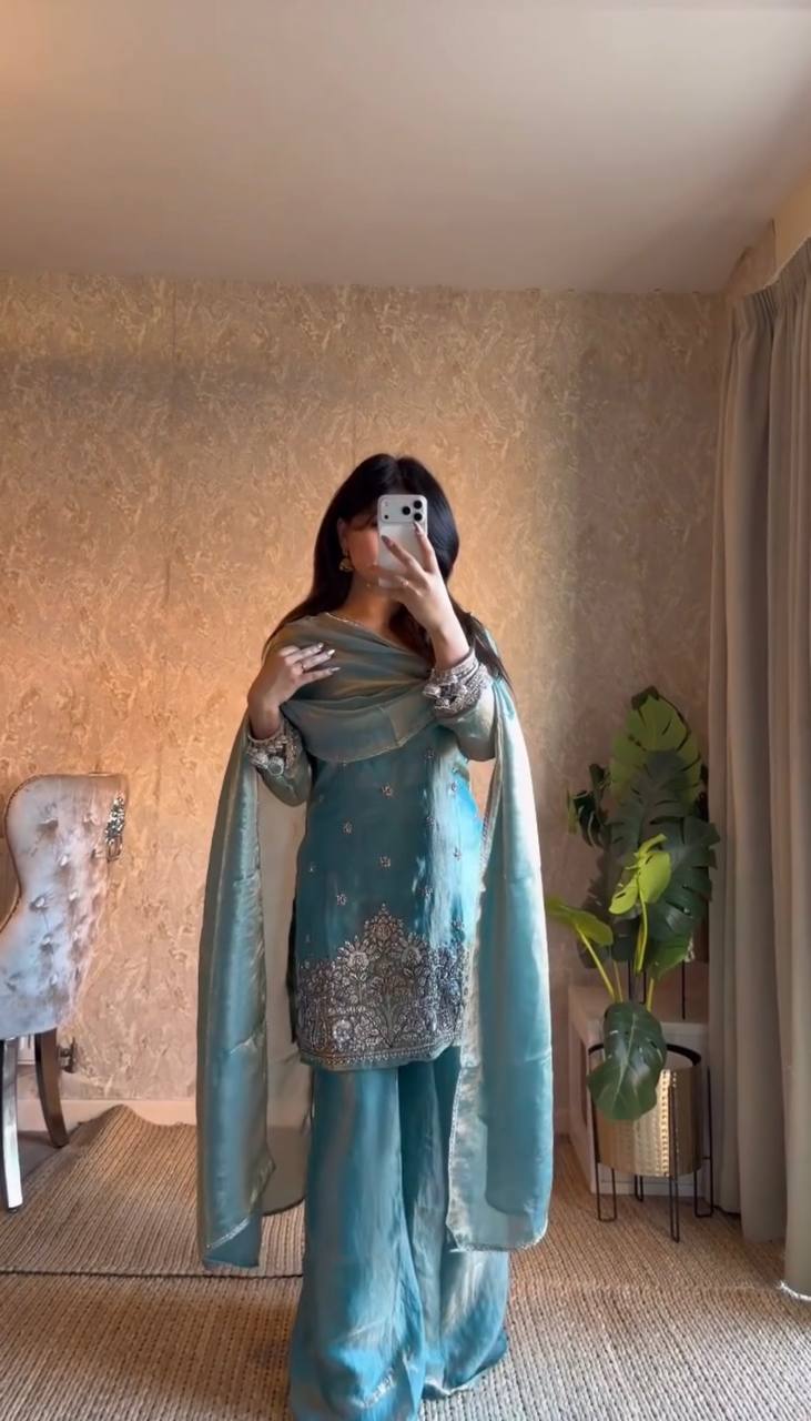 Teal embroidered kurta with palazzo pants and dupatta for party wear and traditional occasions