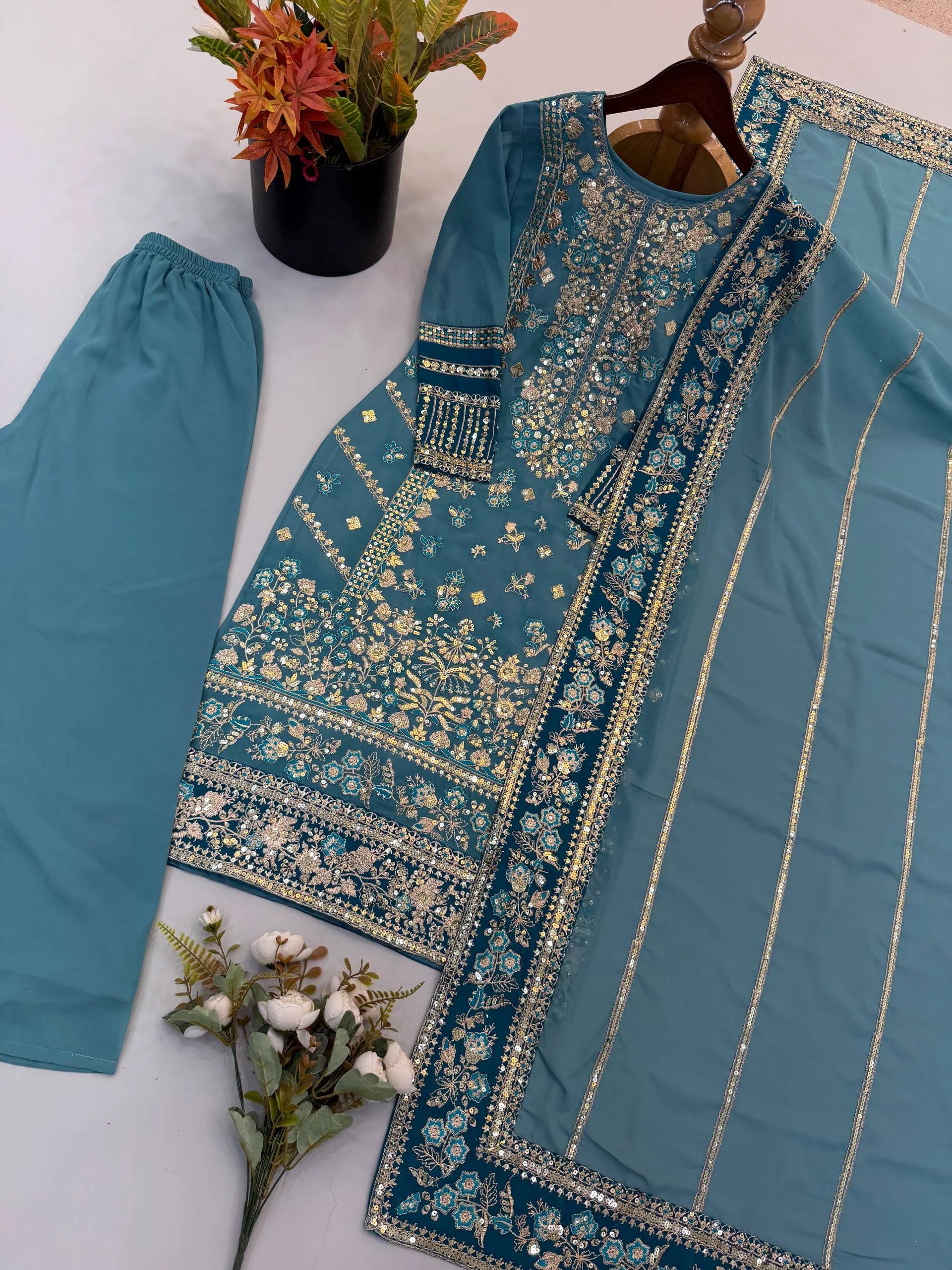 Teal georgette salwar suit 3-piece set – embroidered kurti plain pant and dupatta
