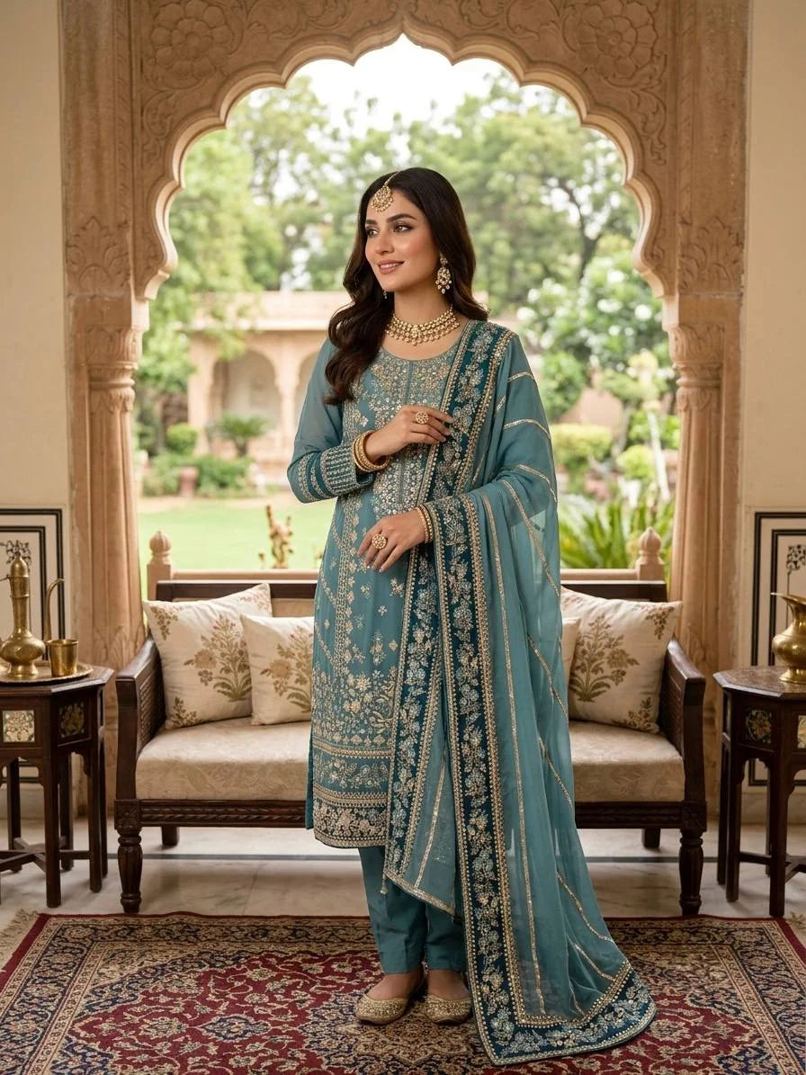 Teal georgette embroidery salwar suit – sequin kurti with pant and dupatta bridal