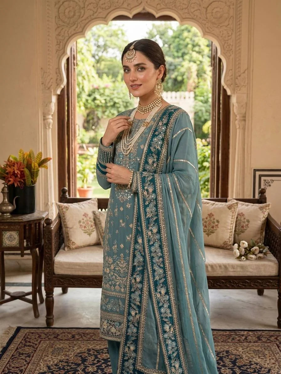 Teal georgette salwar suit with dupatta – embroidery sequin and lace border detail view